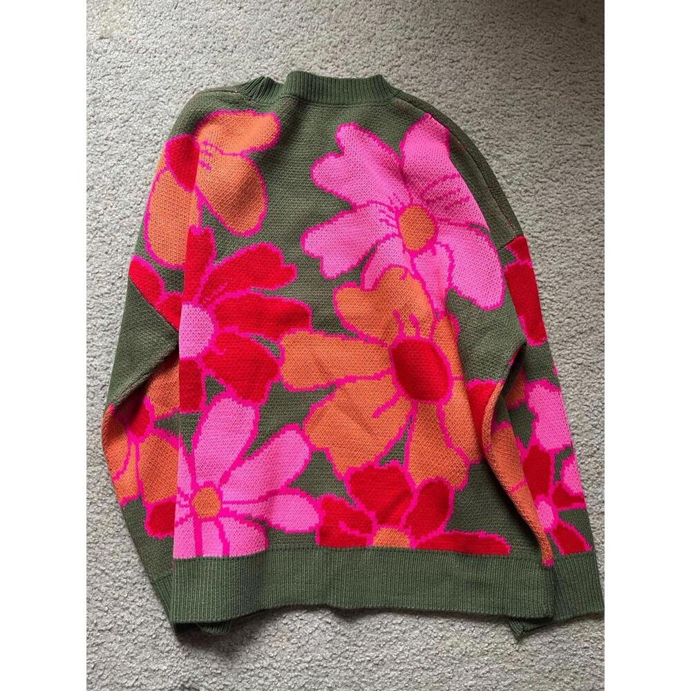 Pink Lily Olive Green Sweater with Pink, Orange & Red Floral Design - Picture 2 of 3